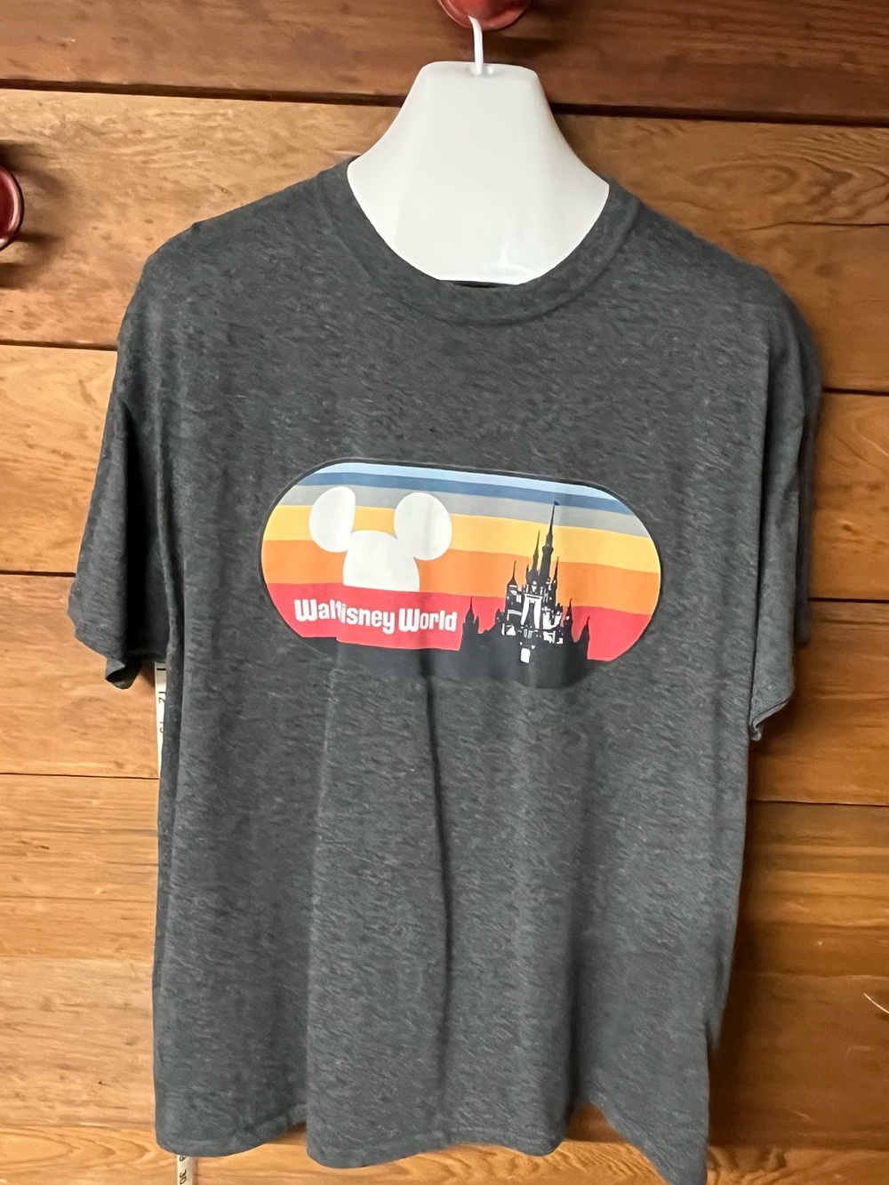 Disney Charcoal Short Sleeve Tee with Retro Rainbow Castle Graphic Men’s XL